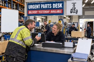 Five laughing adults in an engineering workshop, including a customer showing a valve photograph to a woman at the parts counter.