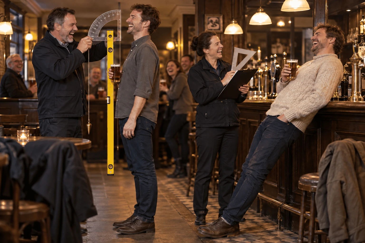 Laughing inspectors use a protractor, spirit level and set square to measure two laughing men holding pints in a pub.