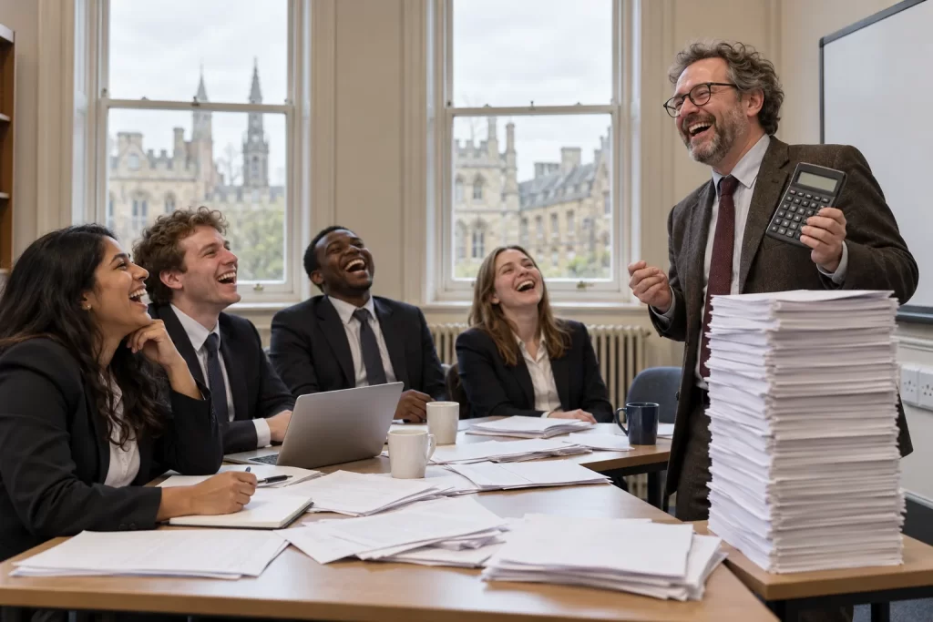 Satirical illustration of a laughing lecturer and students in a British university seminar room discussing student finance.