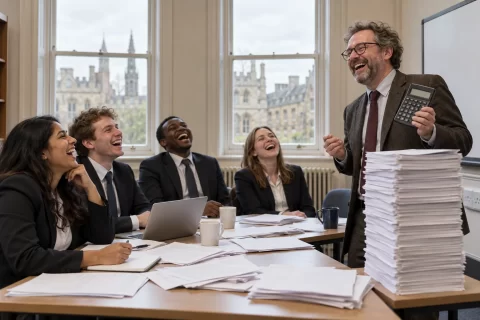 Satirical illustration of a laughing lecturer and students in a British university seminar room discussing student finance.