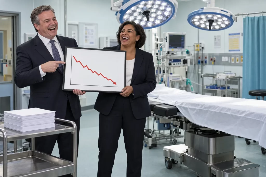 Satirical illustration of laughing British ministers beside an empty operating theatre table in a UK hospital.