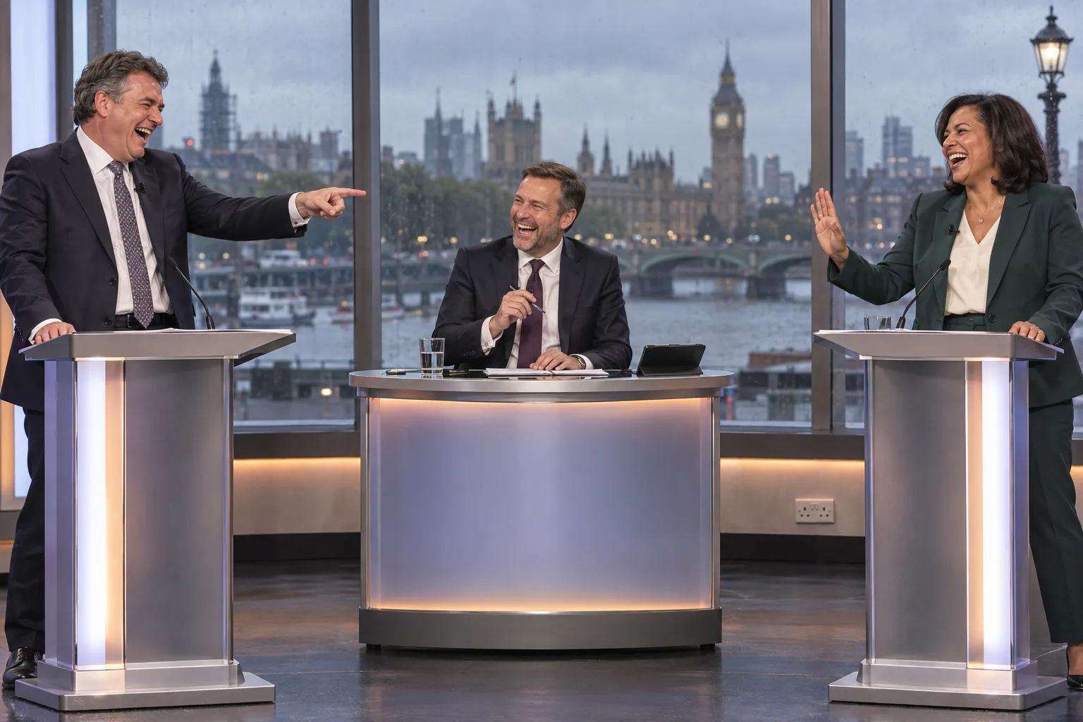 Satirical illustration of two laughing politicians debating in Westminster with Big Ben visible through a rainy window.