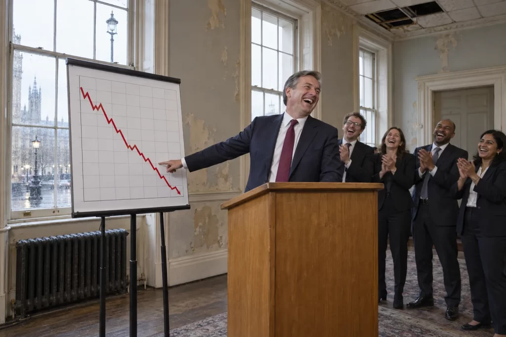 Satirical illustration of a laughing British chancellor in a rainy Westminster office with a downward economic chart.