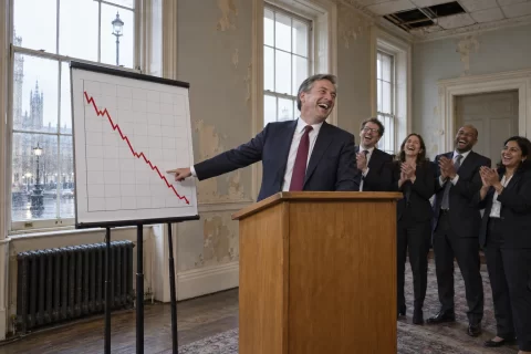 Satirical illustration of a laughing British chancellor in a rainy Westminster office with a downward economic chart.