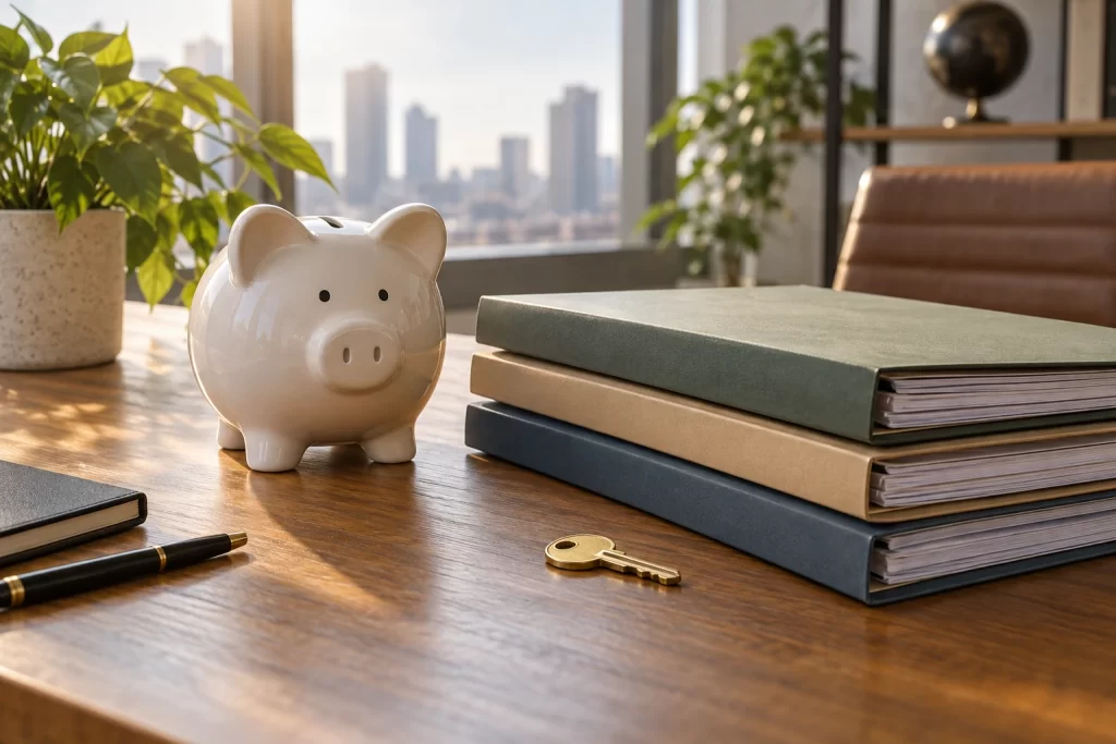 A simple ceramic piggy bank, blank financial folders and a small brass key sit on a warm wood table in an investment office.