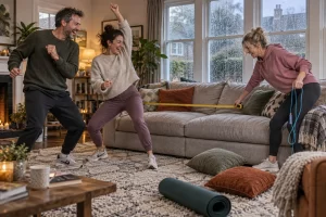 Three clearly laughing fictional adults dance beside a sofa while one measures it with a tape measure in a rainy living room.