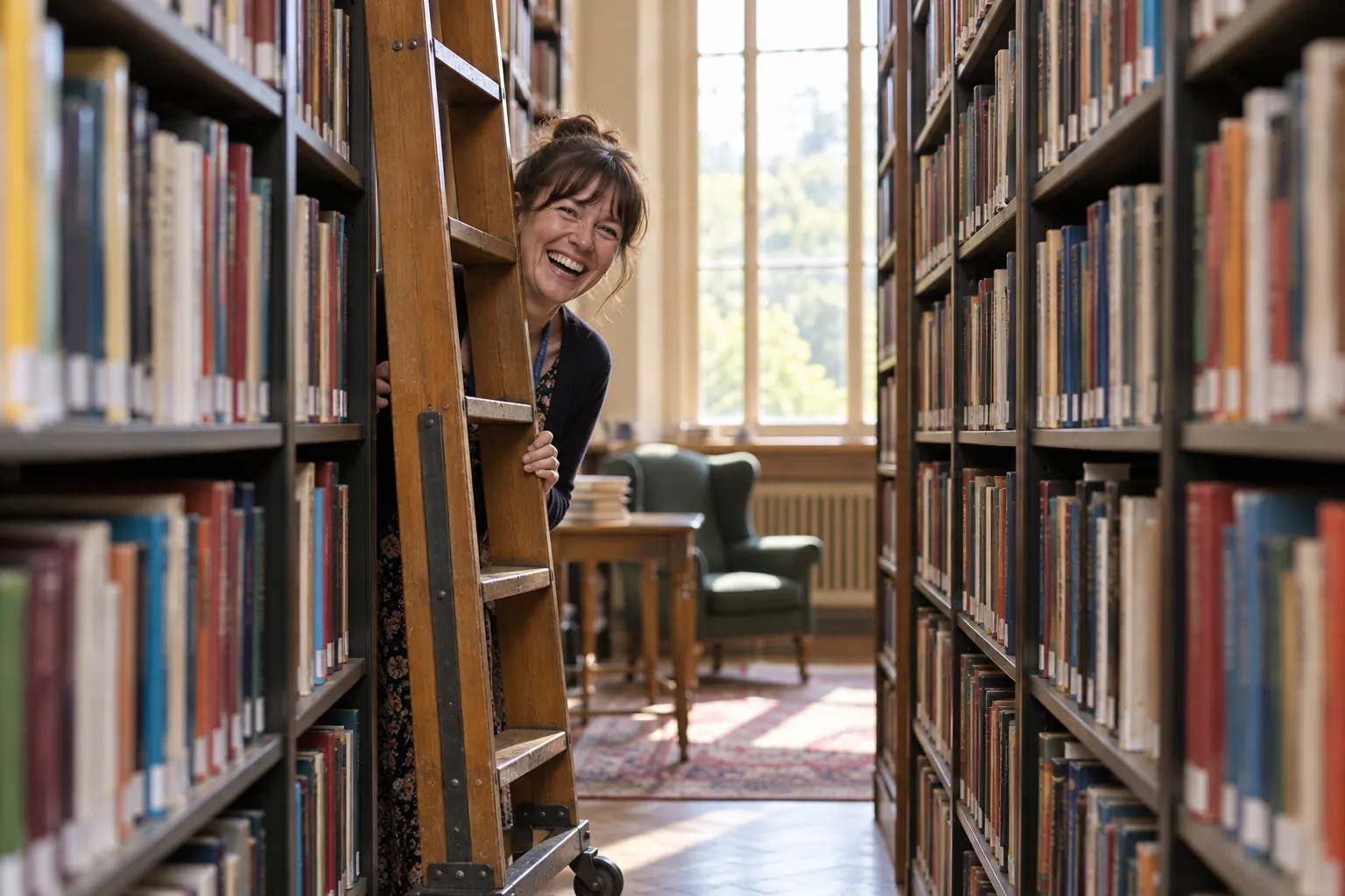 One laughing adult librarian peeks through a gap between tall library shelves beside a rolling ladder.