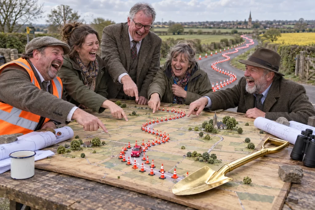 Five fictional adult road planners and Lincolnshire residents visibly laughing around a road map with a toy car trapped in miniature traffic cones.