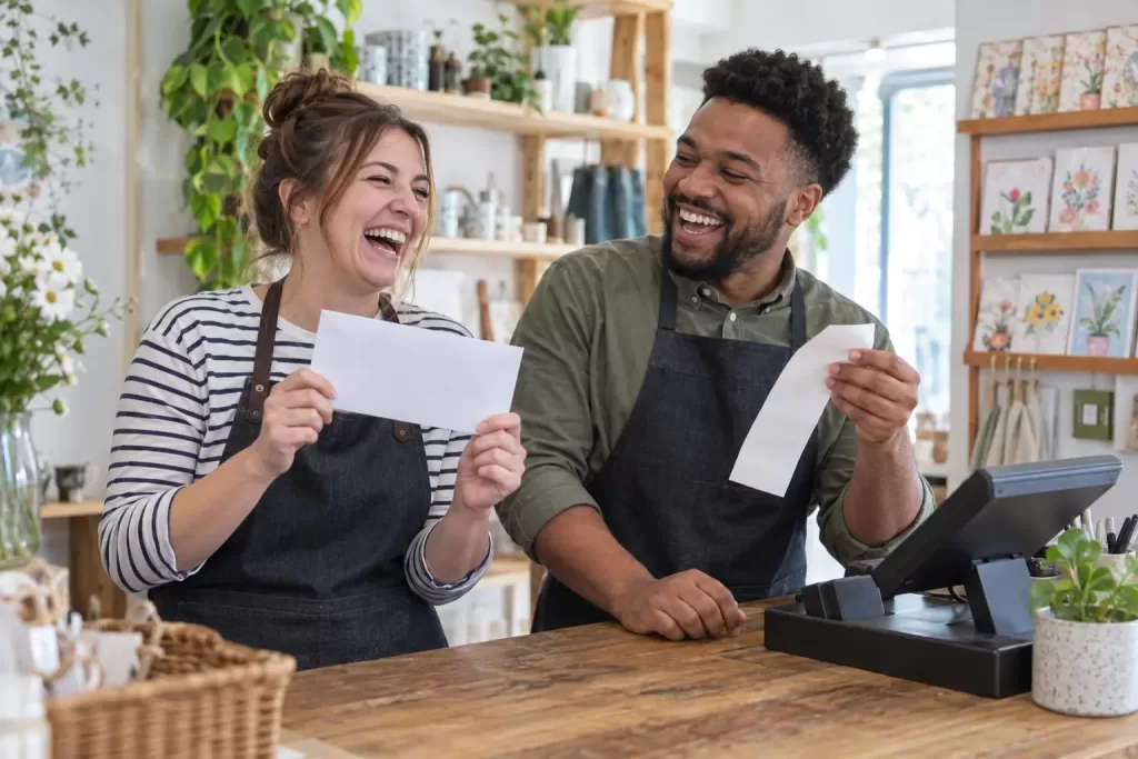 Two laughing shop workers with blank pay papers for National Living Wage April 2026