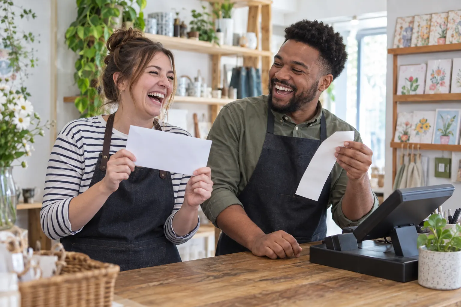 Two laughing shop workers with blank pay papers for National Living Wage April 2026