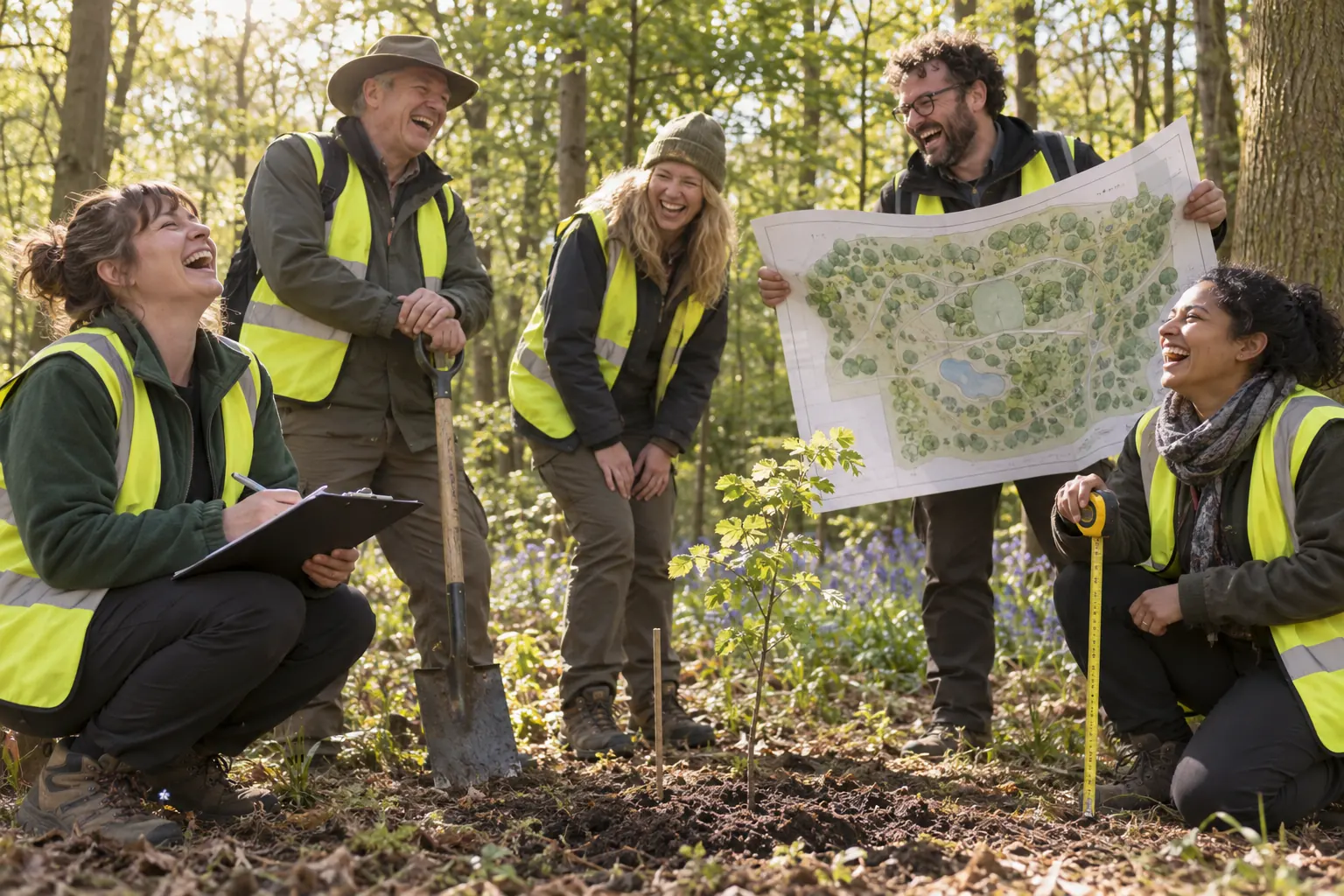 Five laughing adult local authority officers stand around a small sapling in an English woodland.