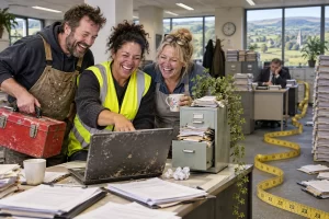 Three fictional small business owners, all clearly laughing, gather around a laptop and overflowing filing cabinet in a satirical procurement office.