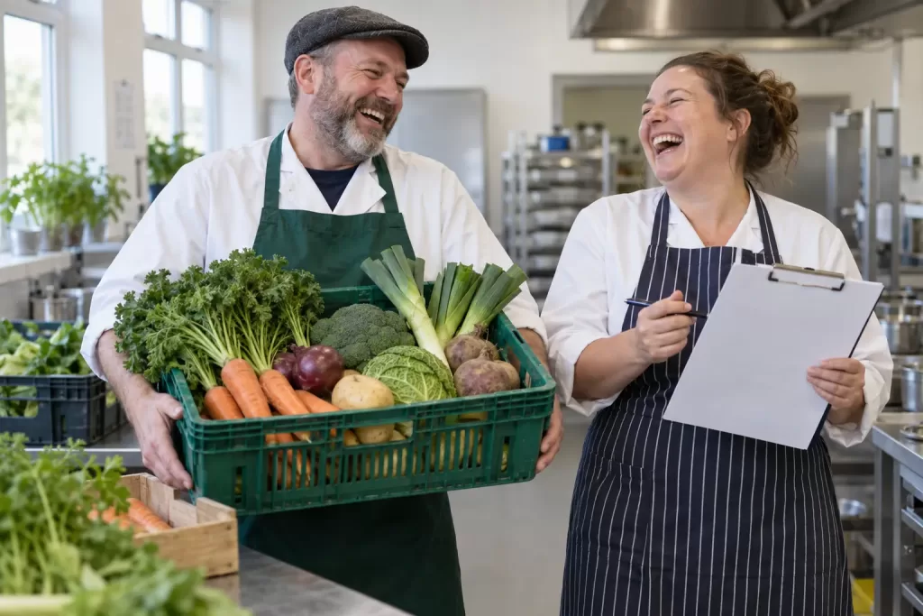 Two laughing kitchen workers with vegetables for local food procurement grants
