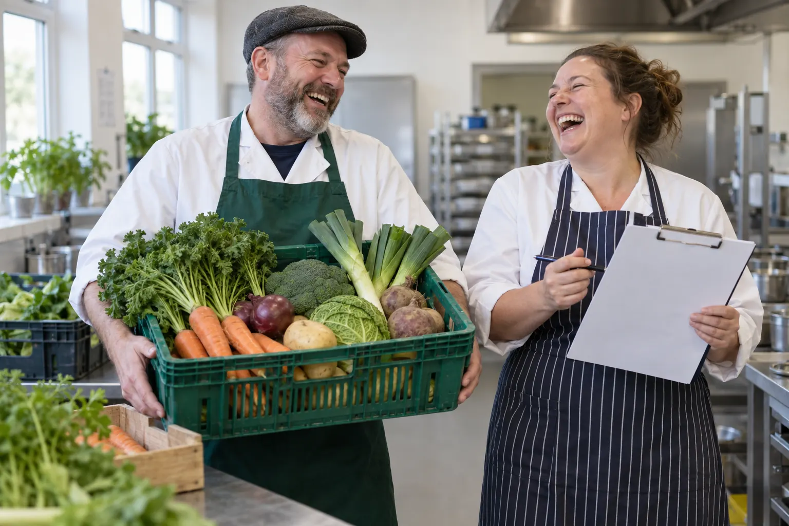 Two laughing kitchen workers with vegetables for local food procurement grants