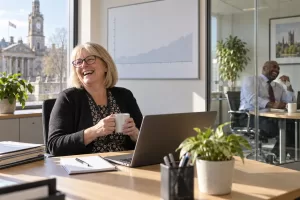 Two laughing council pension administrators at fictional Local Government Pension Scheme investment rules 2026 office