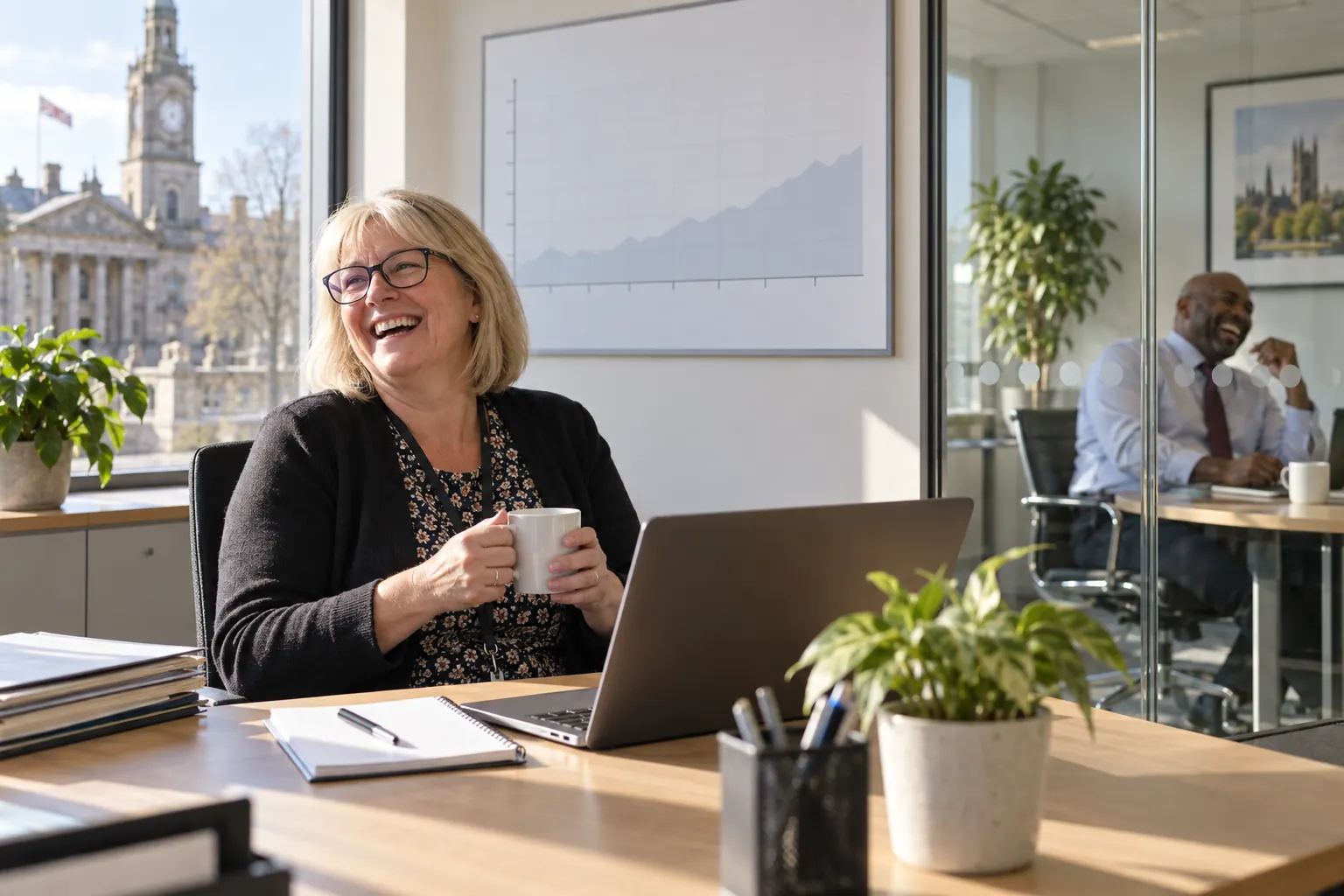 Two laughing council pension administrators at fictional Local Government Pension Scheme investment rules 2026 office