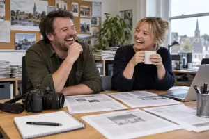 Two laughing local journalists at a desk with generic newspaper pages and a camera