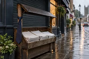 Original editorial photograph of an empty newsstand with a necktie for Local News Fund 2026