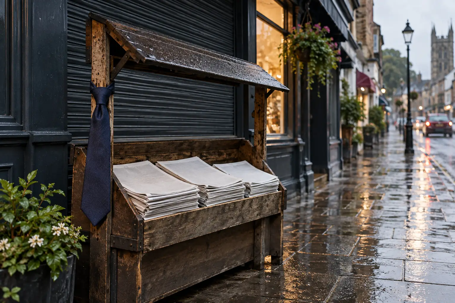 Original editorial photograph of an empty newsstand with a necktie for Local News Fund 2026