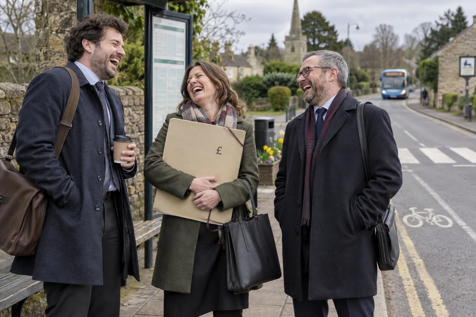 Three fictional adult commuters clearly laugh at a rural bus stop while holding a large funding folder and waiting for a bus in the distance.
