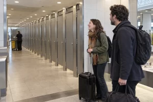 Two travellers laughing beside an unexpectedly long row of station restroom cubicles