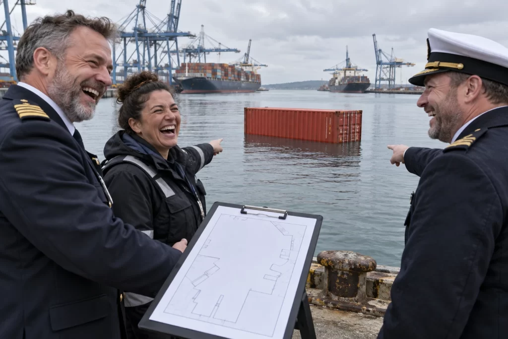 Three fictional adult maritime officials clearly laugh and point at a shipping container floating in a harbour while holding a location clipboard.