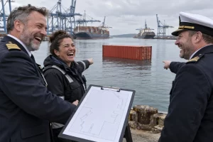 Three fictional adult maritime officials clearly laugh and point at a shipping container floating in a harbour while holding a location clipboard.