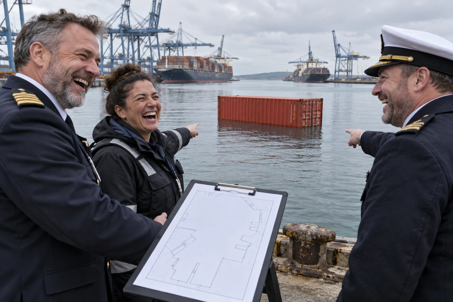 Three fictional adult maritime officials clearly laugh and point at a shipping container floating in a harbour while holding a location clipboard.