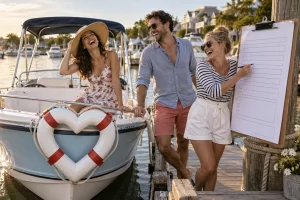 Three fictional adults laugh beside a small boat with a heart shaped life buoy and an oversized blank registration form.