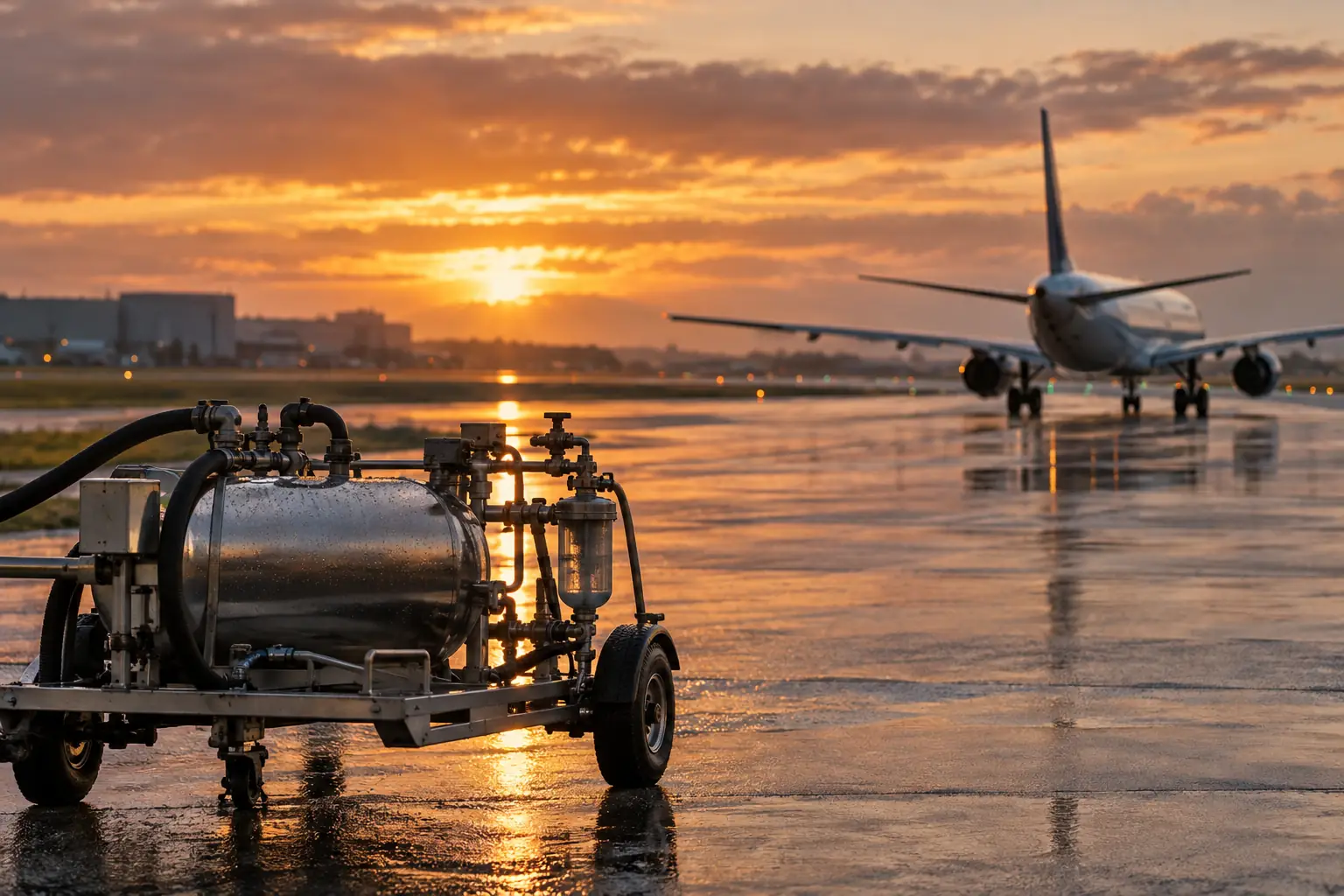 Unbranded sustainable aviation fuel rig beside an aircraft for fictional Low Carbon Fuels Fund editorial photograph