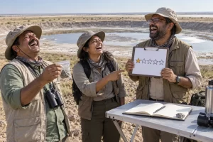 Three laughing geologists beside a shallow crater, holding a rock sample bag and a clipboard with one filled star out of five.
