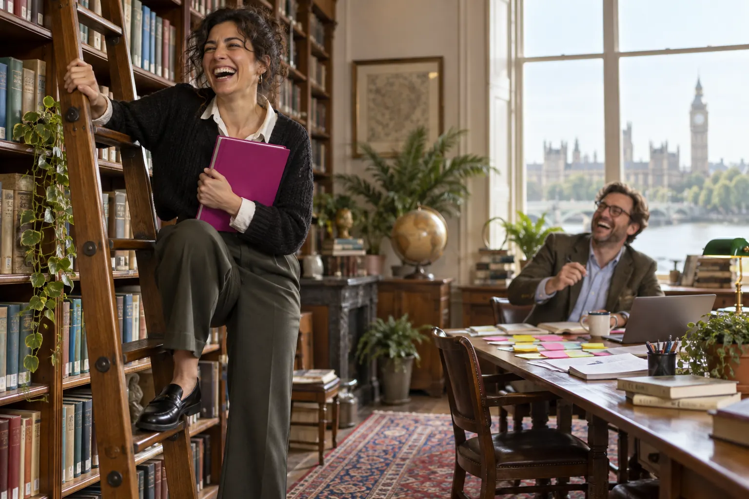 Two laughing analysts at fictional Magenta Book evaluation guidance update 2026 library