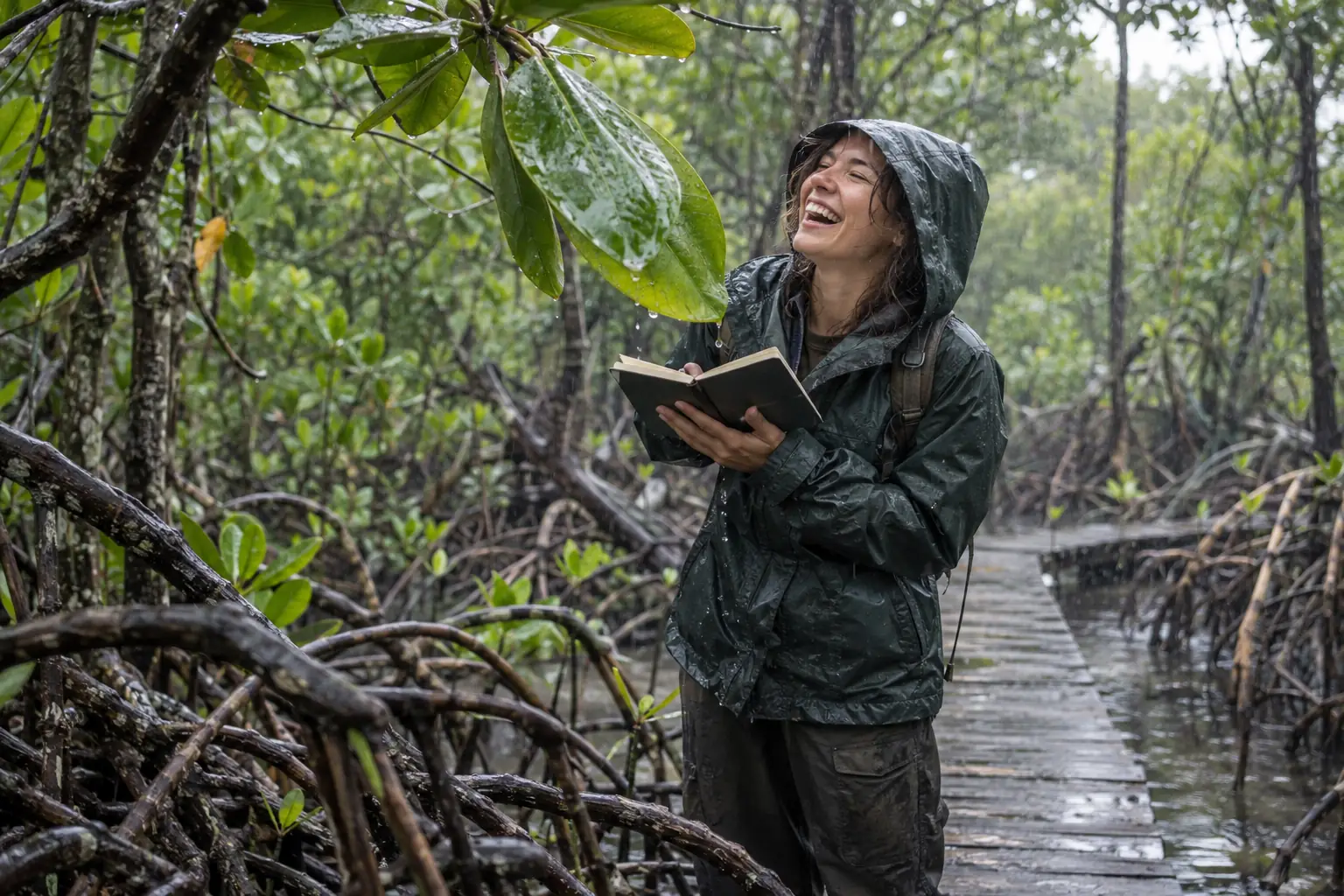 Original editorial photograph of a laughing field researcher holding an unlabelled notebook beneath a mangrove leaf in rain for mangrove restoration research