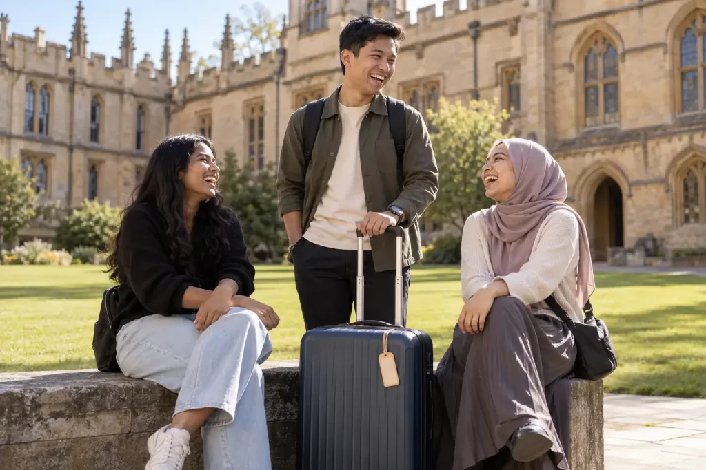 Original editorial photograph of three laughing Malaysian postgraduate students around an unbranded suitcase in a sunny British university courtyard, with no other people