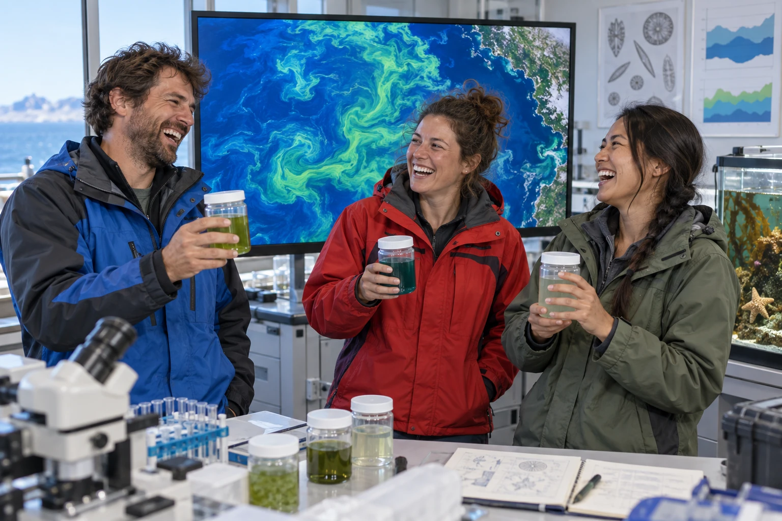 Three fictional marine scientists laugh while viewing a vivid blue and green ocean bloom.