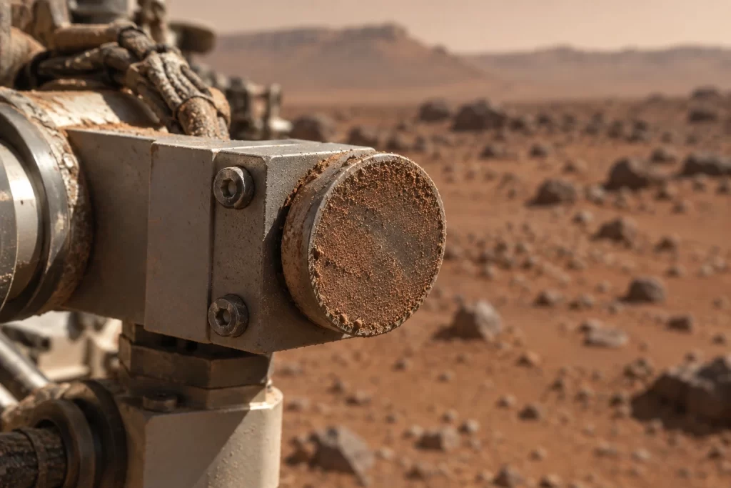 A dust covered circular magnet sits on the arm housing of a Mars rover above the red rocky surface.