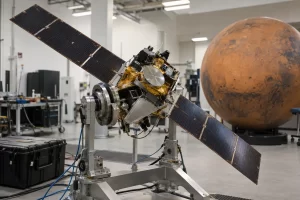 An unbranded Mars orbiter model rolls on a test gimbal in an aerospace laboratory beside a Mars globe.