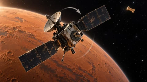 Mars orbiter rolls above Mars while an untouched dog biscuit floats nearby.