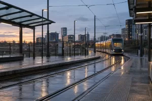 Empty tram platform for fictional Mass Transit Taskforce terms 2026 editorial image