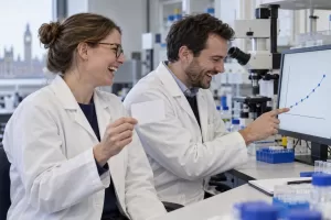 Two laughing researchers for maternal RSV vaccine protection