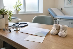A calm antenatal clinic desk has an information envelope, stethoscope, appointment card and small knitted baby booties.