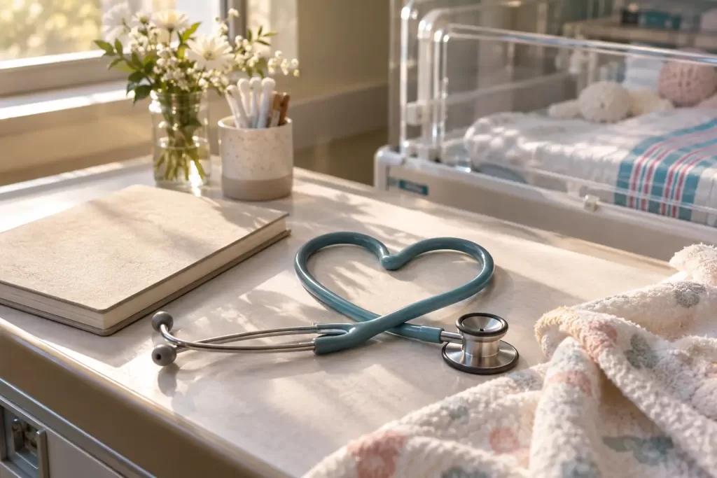 Original editorial photograph of a stethoscope forming a heart for maternity neonatal commissioner 2026