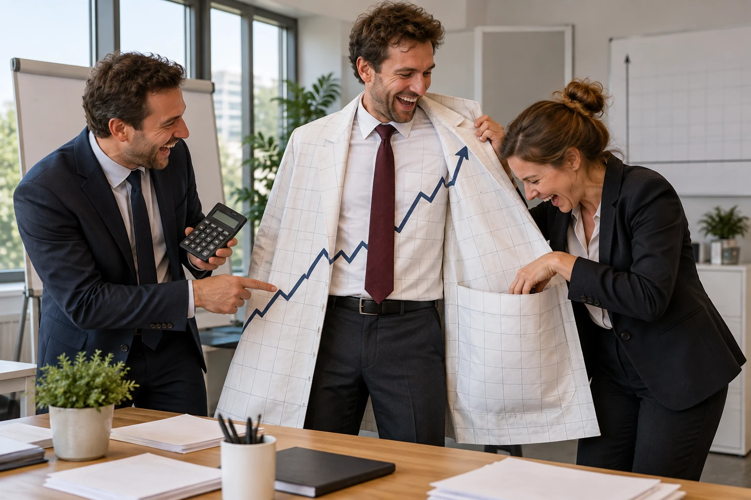 Three laughing fictional economic analysts inspect the pockets of a giant paper graph while holding a calculator in a bright statistics office.