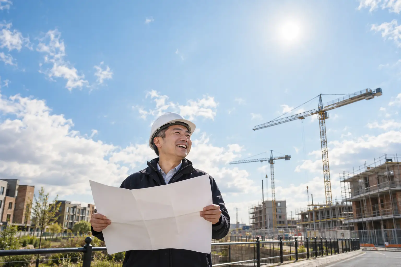 Original editorial photograph of one laughing East Asian man in a hard hat holding a completely blank folded map at a sunny construction site, with no other people