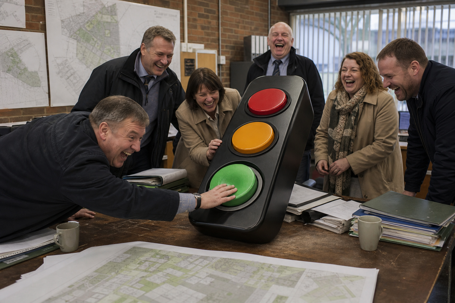 Mayoral planning powers shown by laughing fictional officials wrestling with a giant green-light remote control