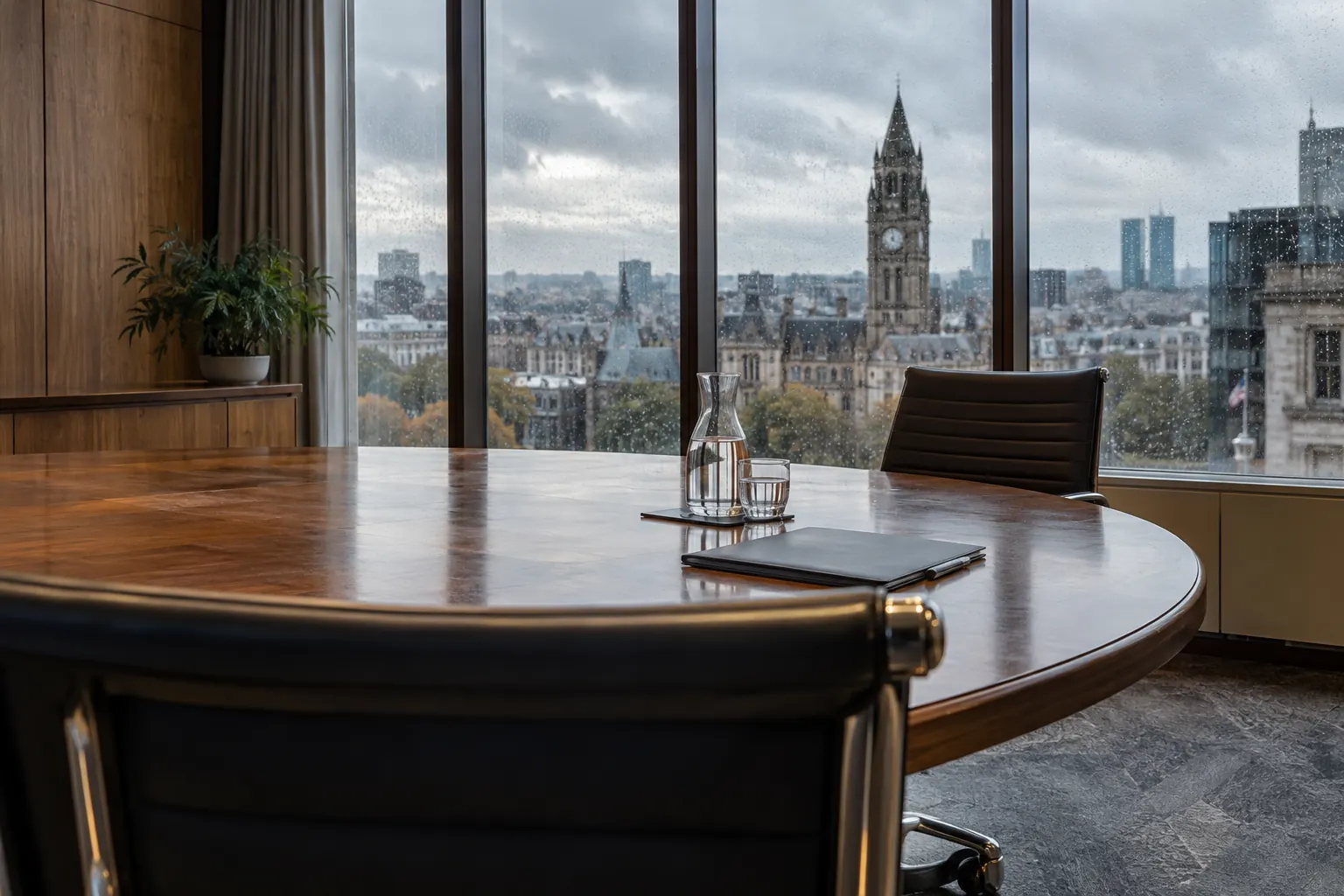 Empty civic roundtable for fictional mayoral Right to Request powers 2026 editorial image