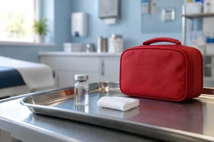 A plain vaccine vial and a red children's travel case rest in a quiet clinic.