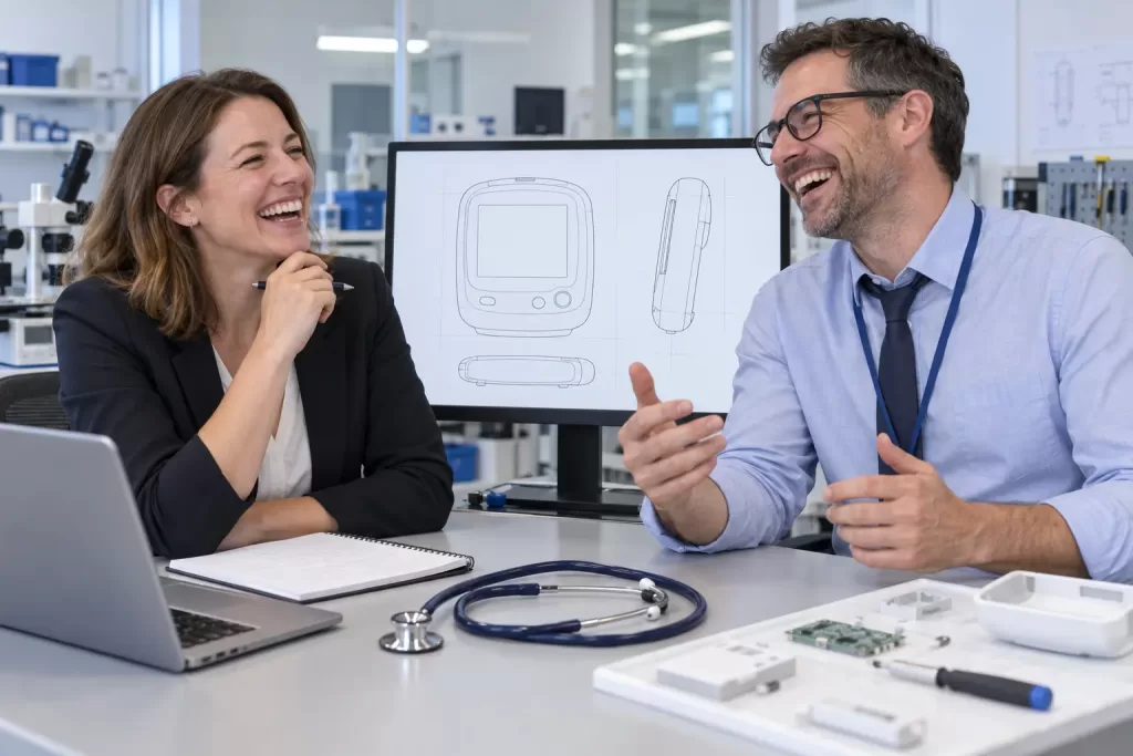 Two laughing specialists beside a device diagram for UK US medical devices regulatory cooperation