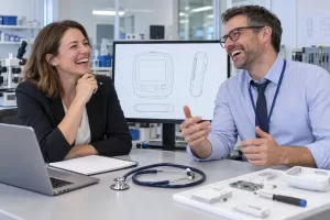 Two laughing specialists beside a device diagram for UK US medical devices regulatory cooperation