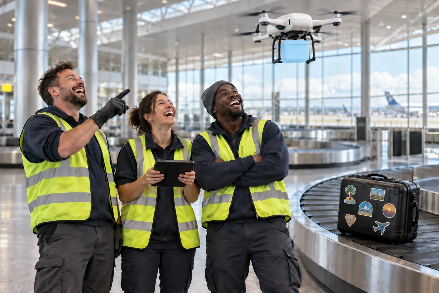 Three fictional adult baggage workers laugh beneath a medical delivery drone while a sticker covered suitcase waits on a carousel.